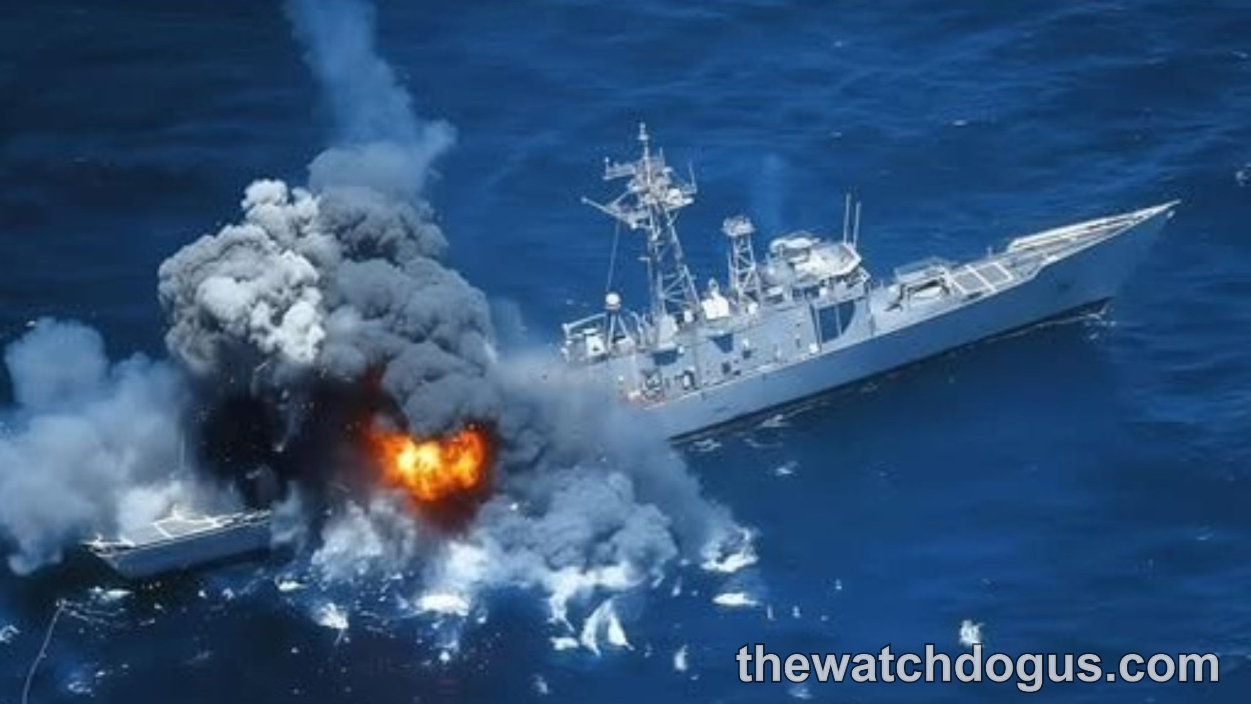 USS Rodney M. Davis military ship before and after explosion in ocean waters during sinking incident