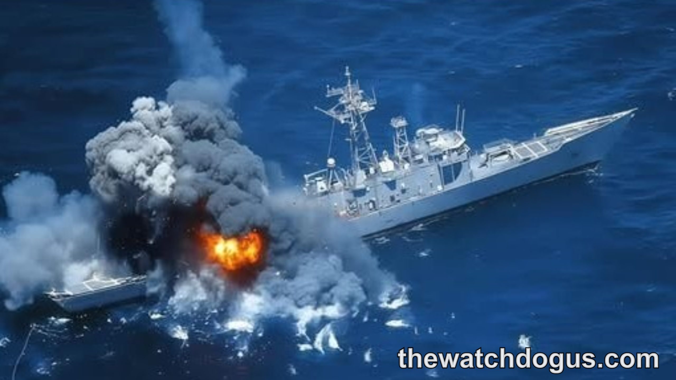 USS Rodney M. Davis sinking after explosion in ocean waters during military exercise