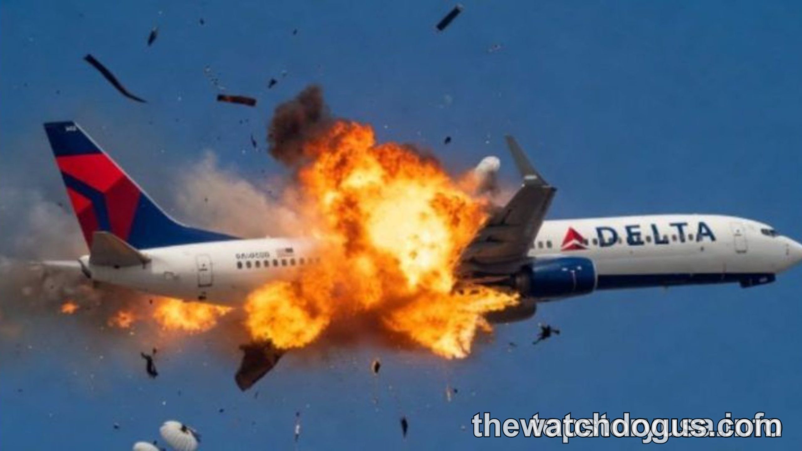 Dramatic plane crash emergency response showing Delta aircraft explosion with debris flying through sky
