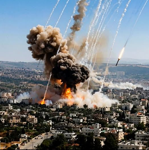 Large explosion with smoke and flames visible over urban area during Los Angeles rocket attack