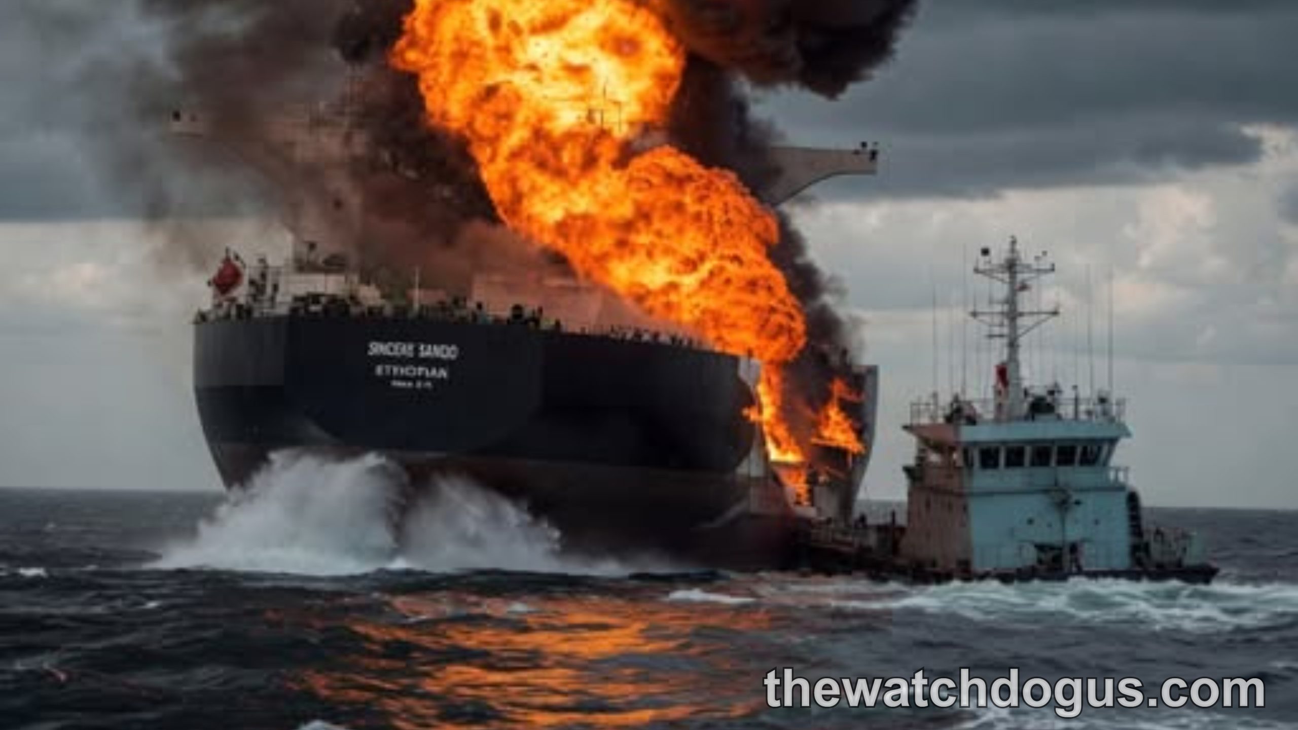 Large tanker ship engulfed in massive flames and black smoke at sea with support vessel nearby, related to US Navy Iran ship claims