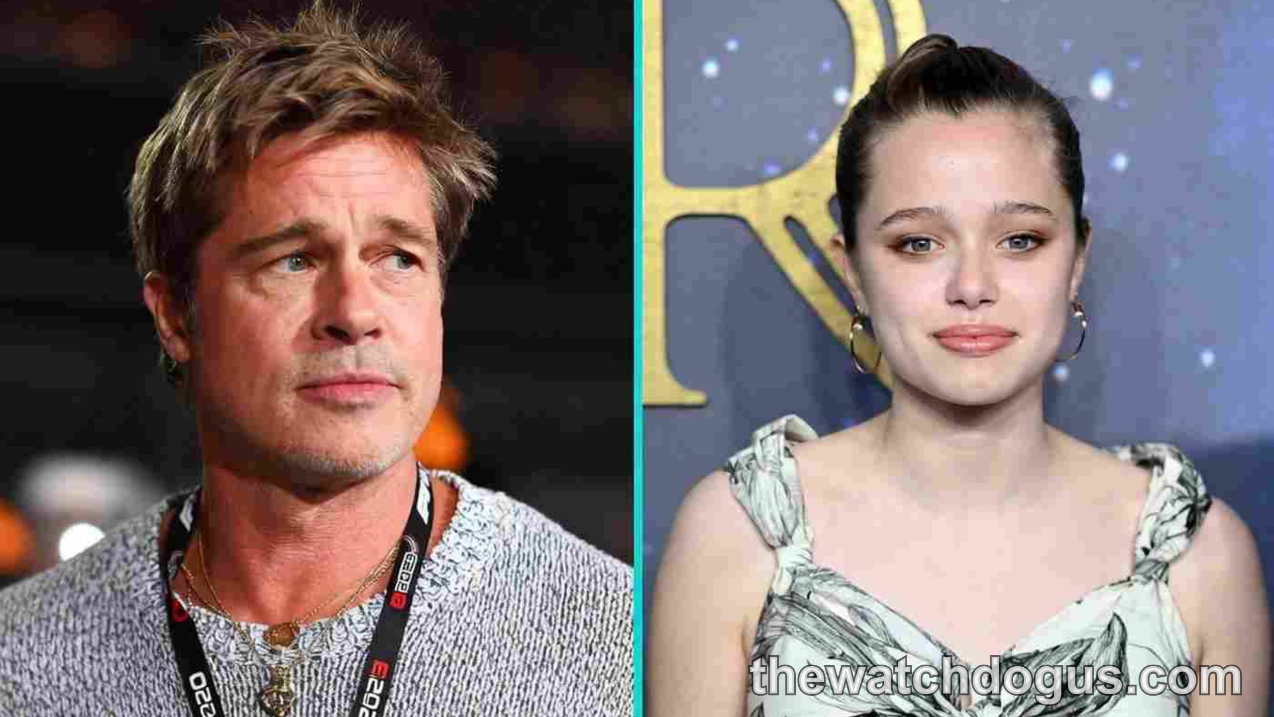 Brad Pitt daughter at premiere event wearing floral dress next to adult male at red carpet