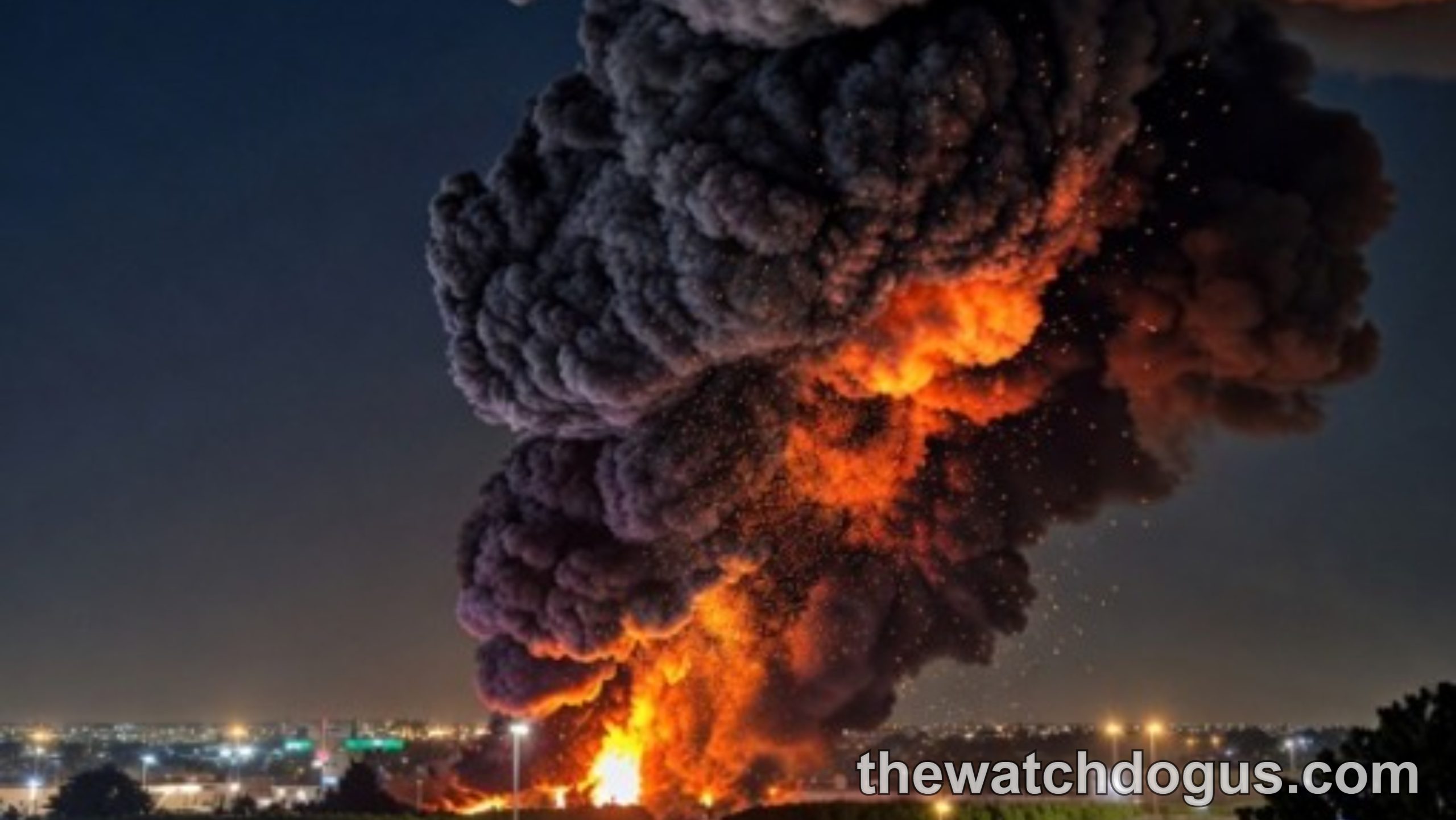 Large explosion with massive orange flames and dark smoke billowing over Tel Aviv explosions cityscape at night with vehicles on highway