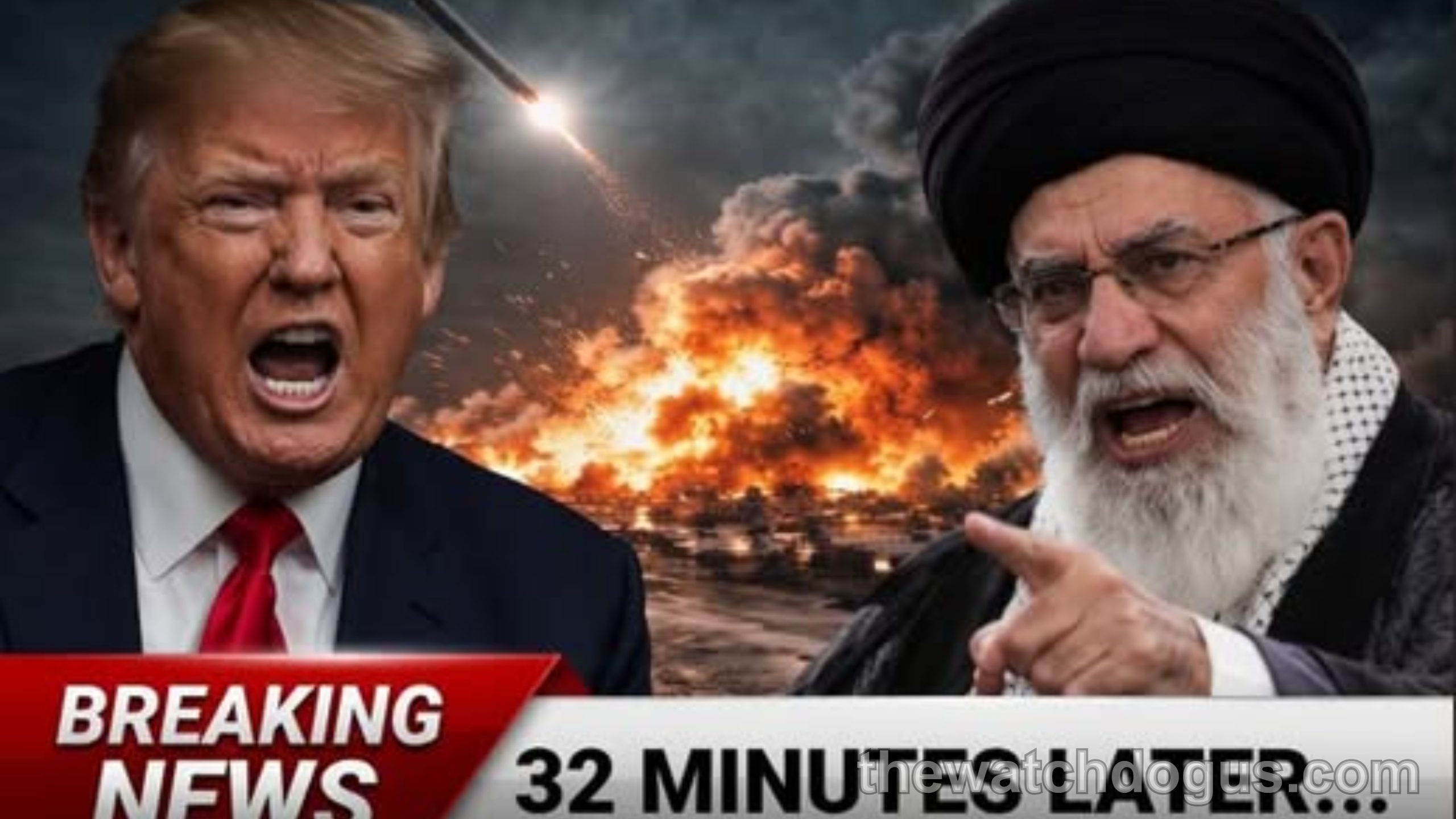 Breaking news graphic showing Iran military warning with political figures and explosion imagery depicting escalating tensions