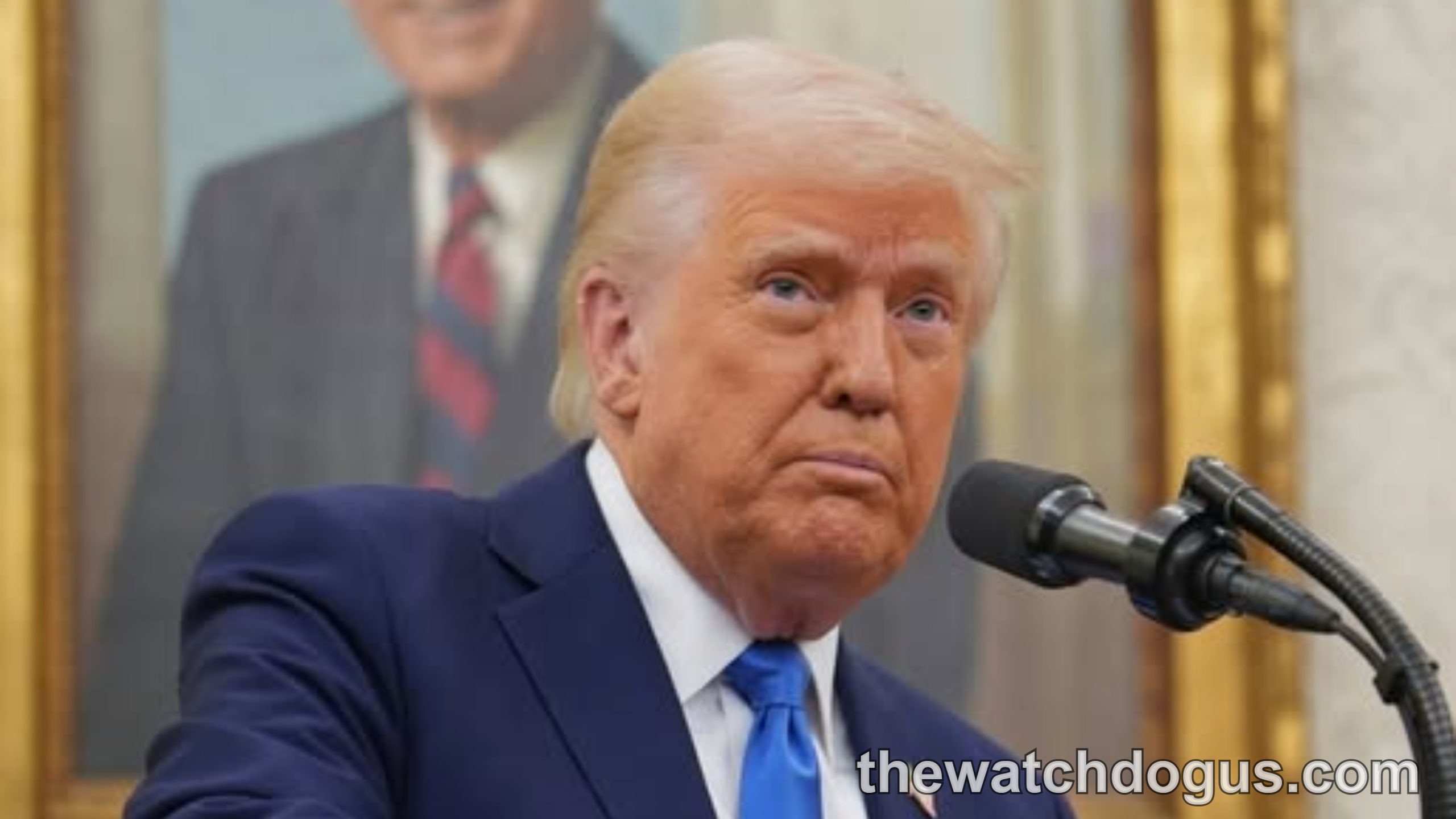 Trump at podium speaking about press freedom during live camera address at formal event