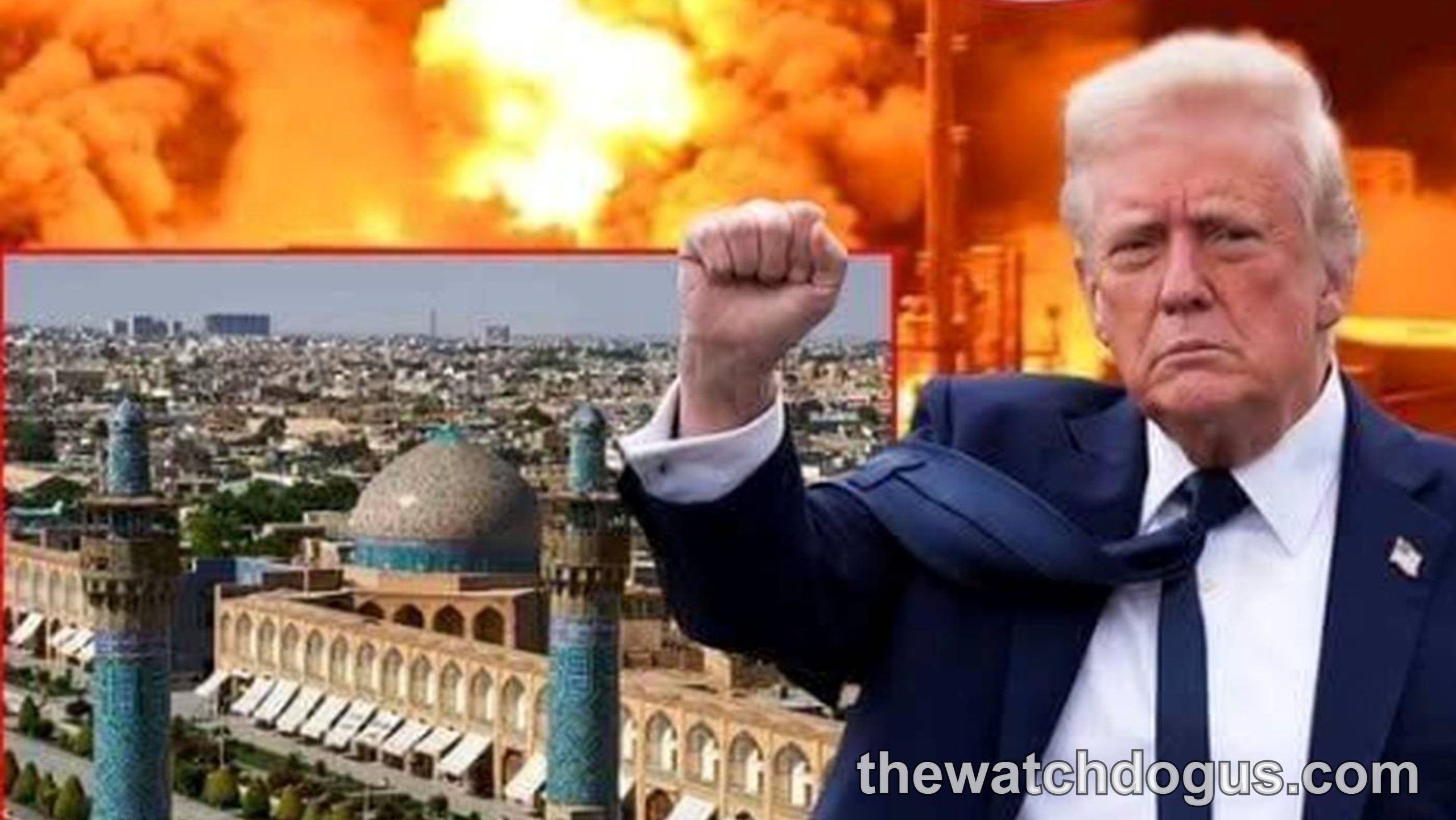 Political leader with fist raised overlooking Middle Eastern cityscape with explosions during Israel operation briefing