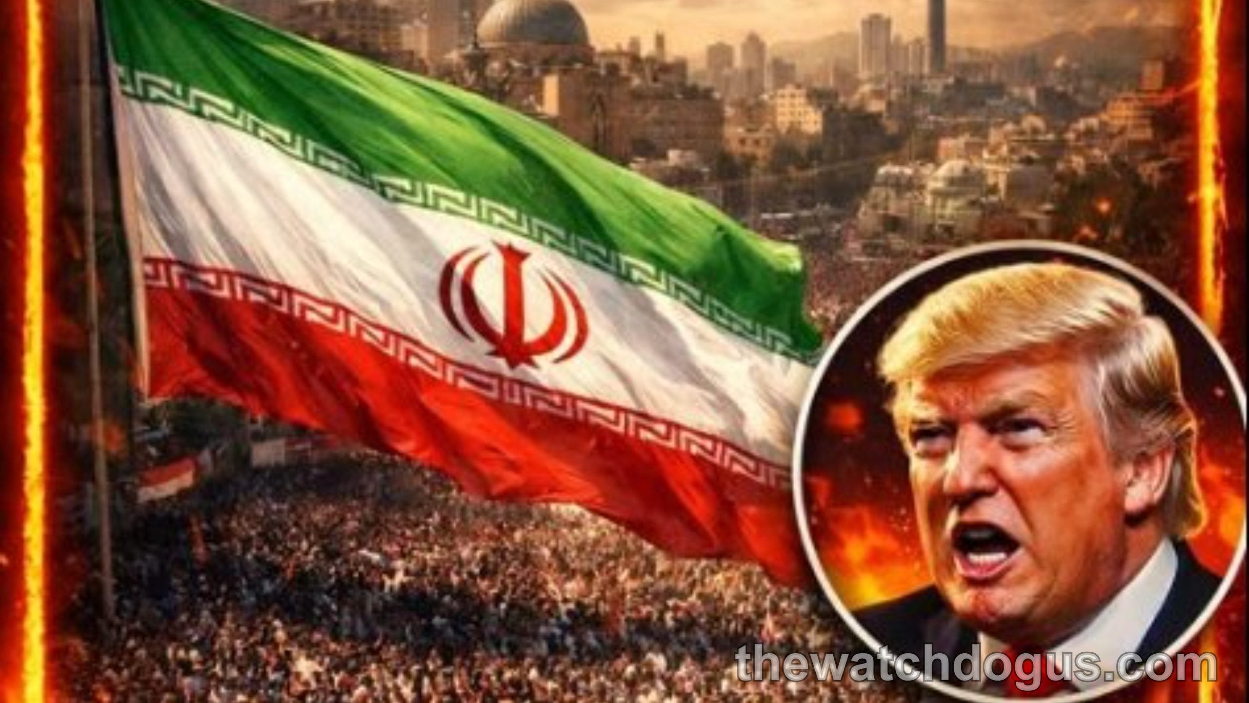 Breaking news graphic showing Iranian flag with crowd and Trump warning Iran civilization will die tonight