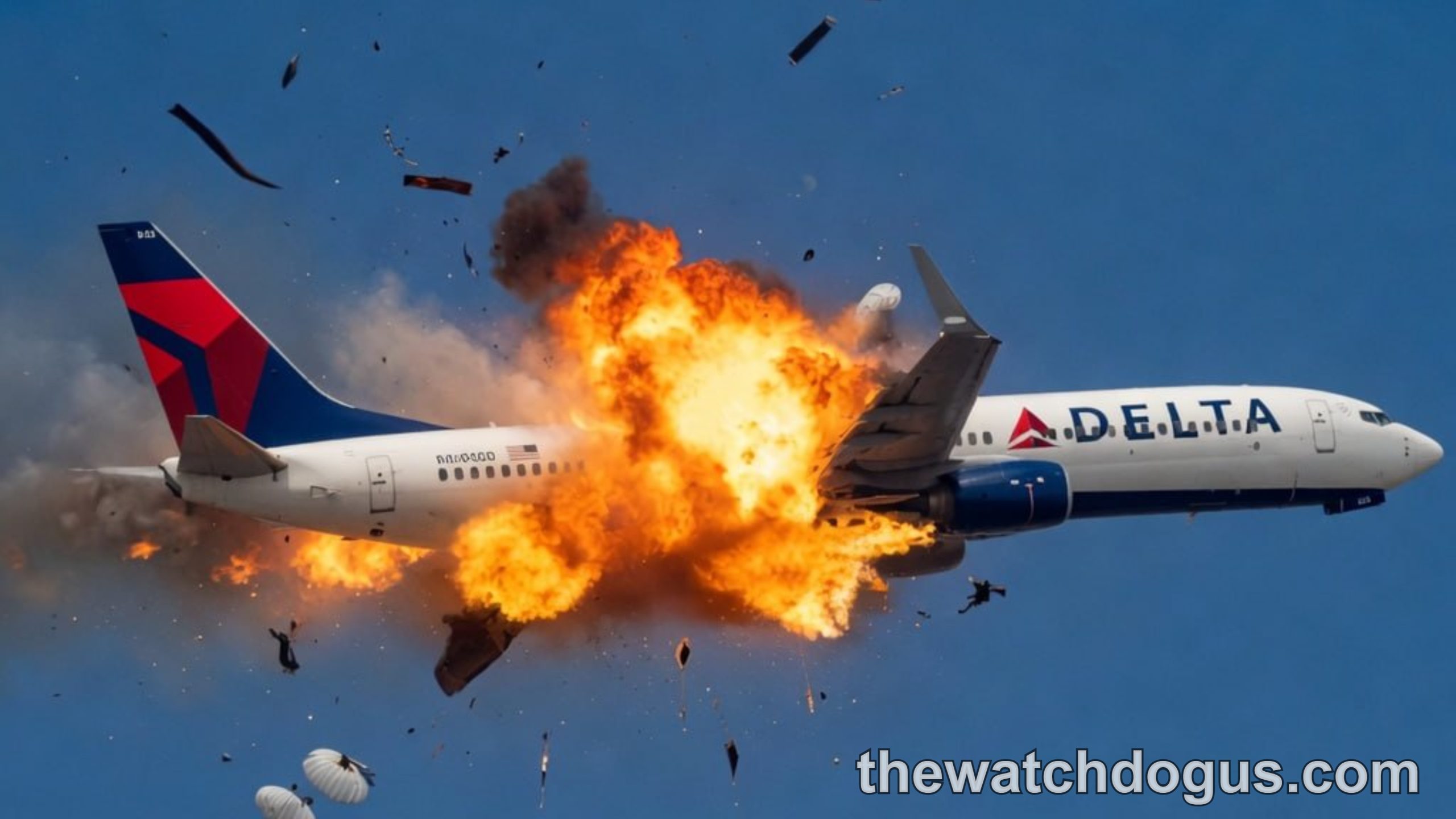 Dramatic plane crash explosion of Delta Airlines aircraft mid-air with debris and parachutes falling against blue sky