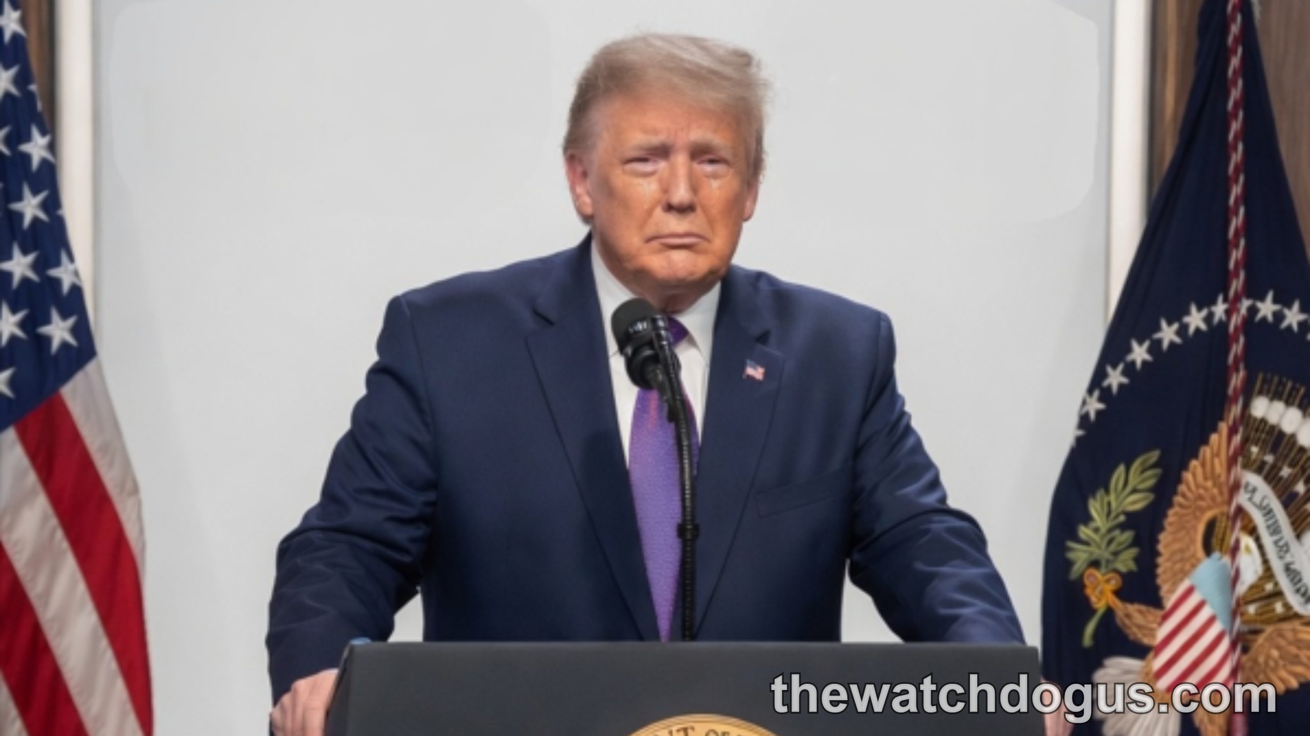 Trump official removed from position stands at presidential podium with American flags