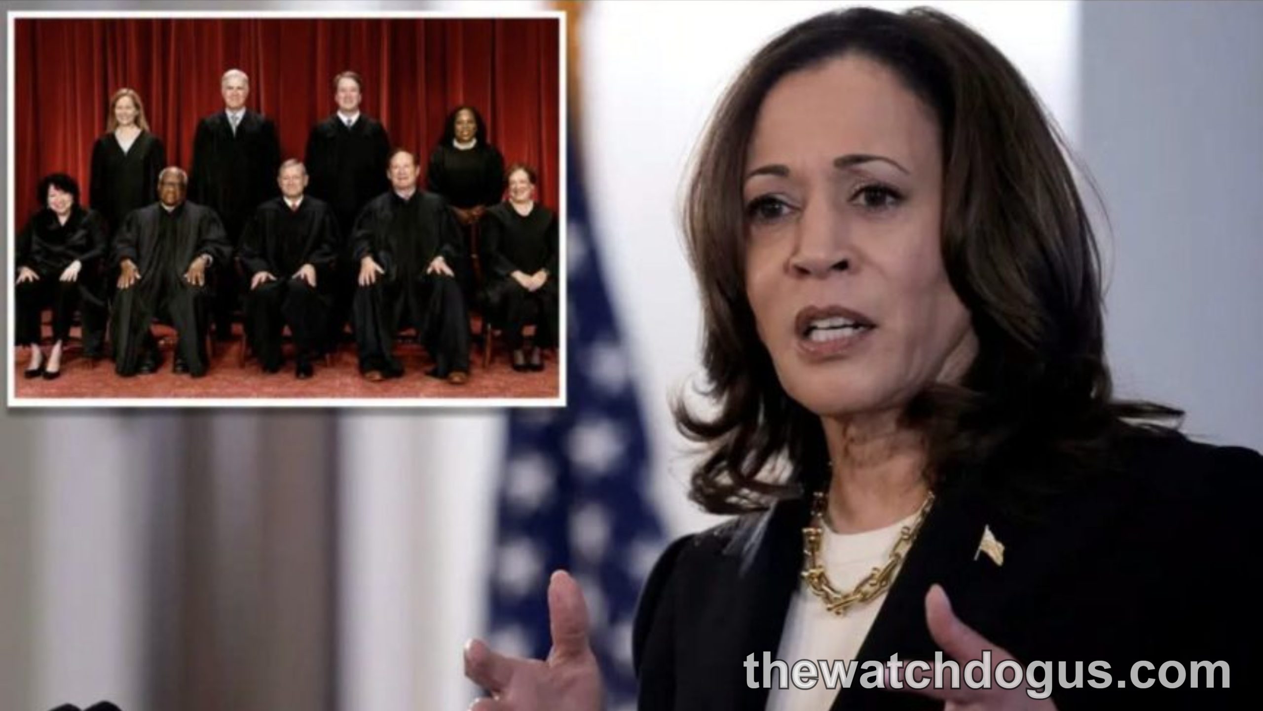 Kamala Harris with Supreme Court justices behind her discussing Harris Supreme Court Electoral College confirmation