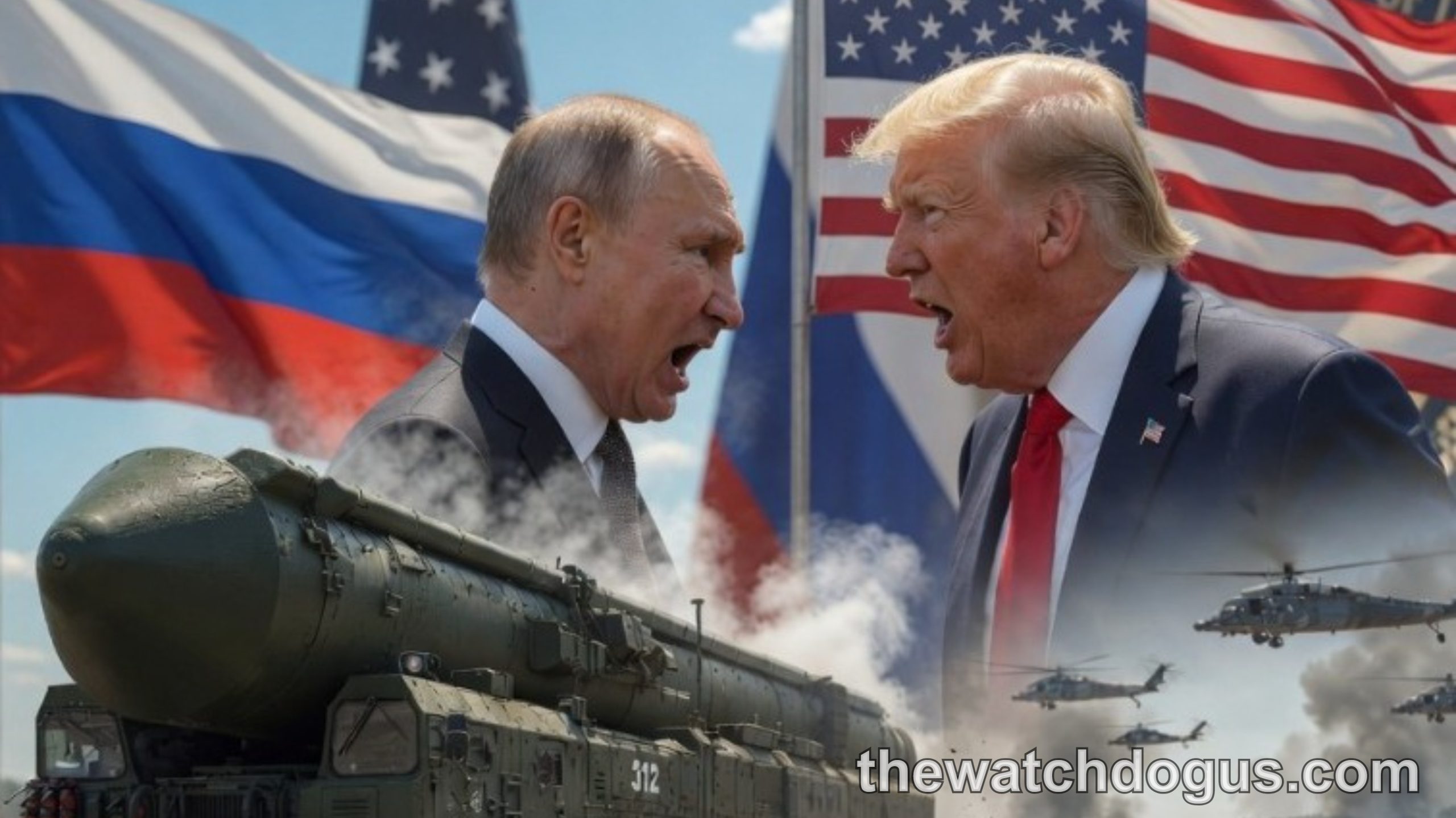 Two world leaders in discussion with military coalition formed backdrop including flags and military helicopters