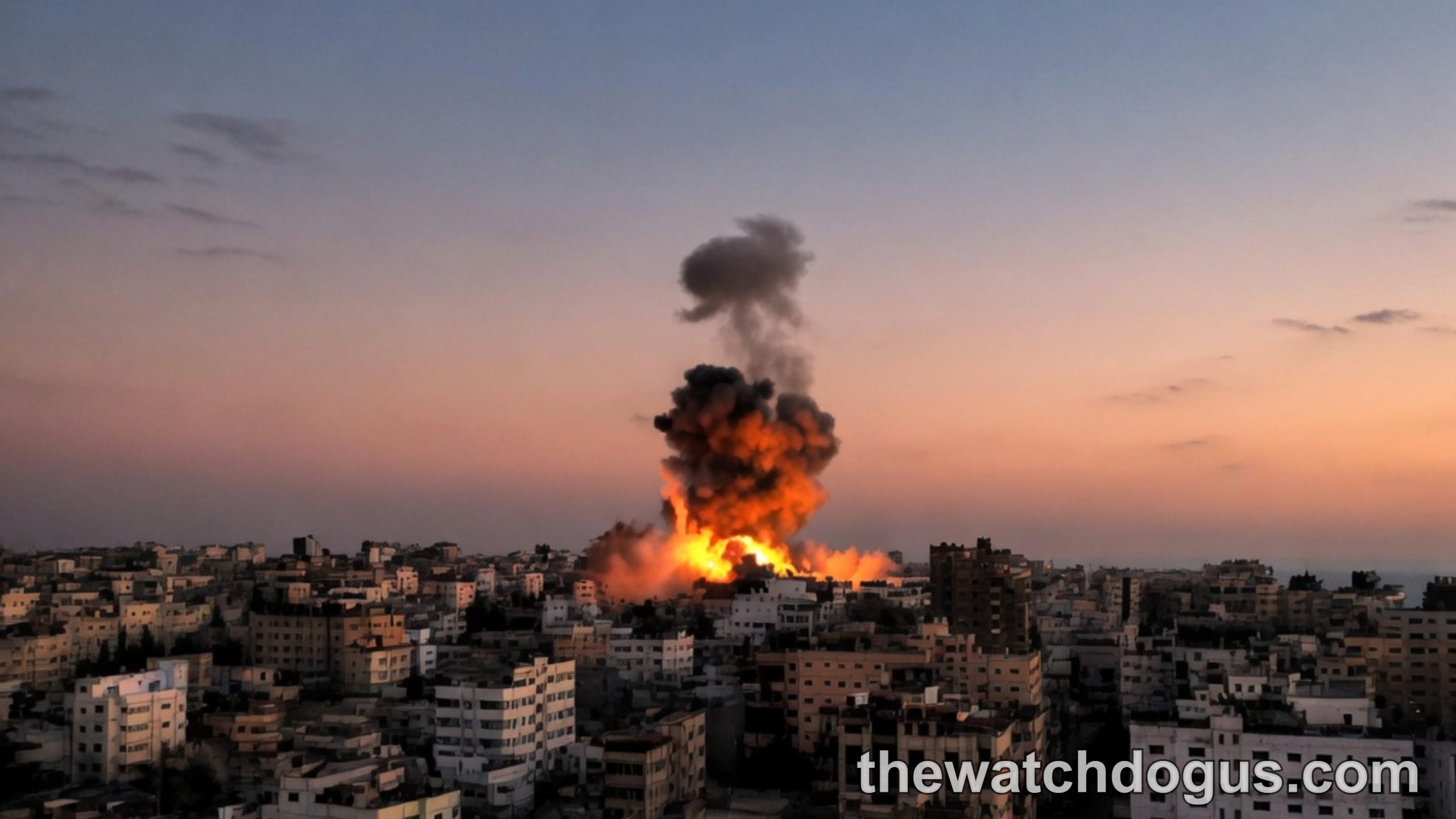 Massive explosion from rocket strikes residential area at dusk with apartment buildings and smoke plume