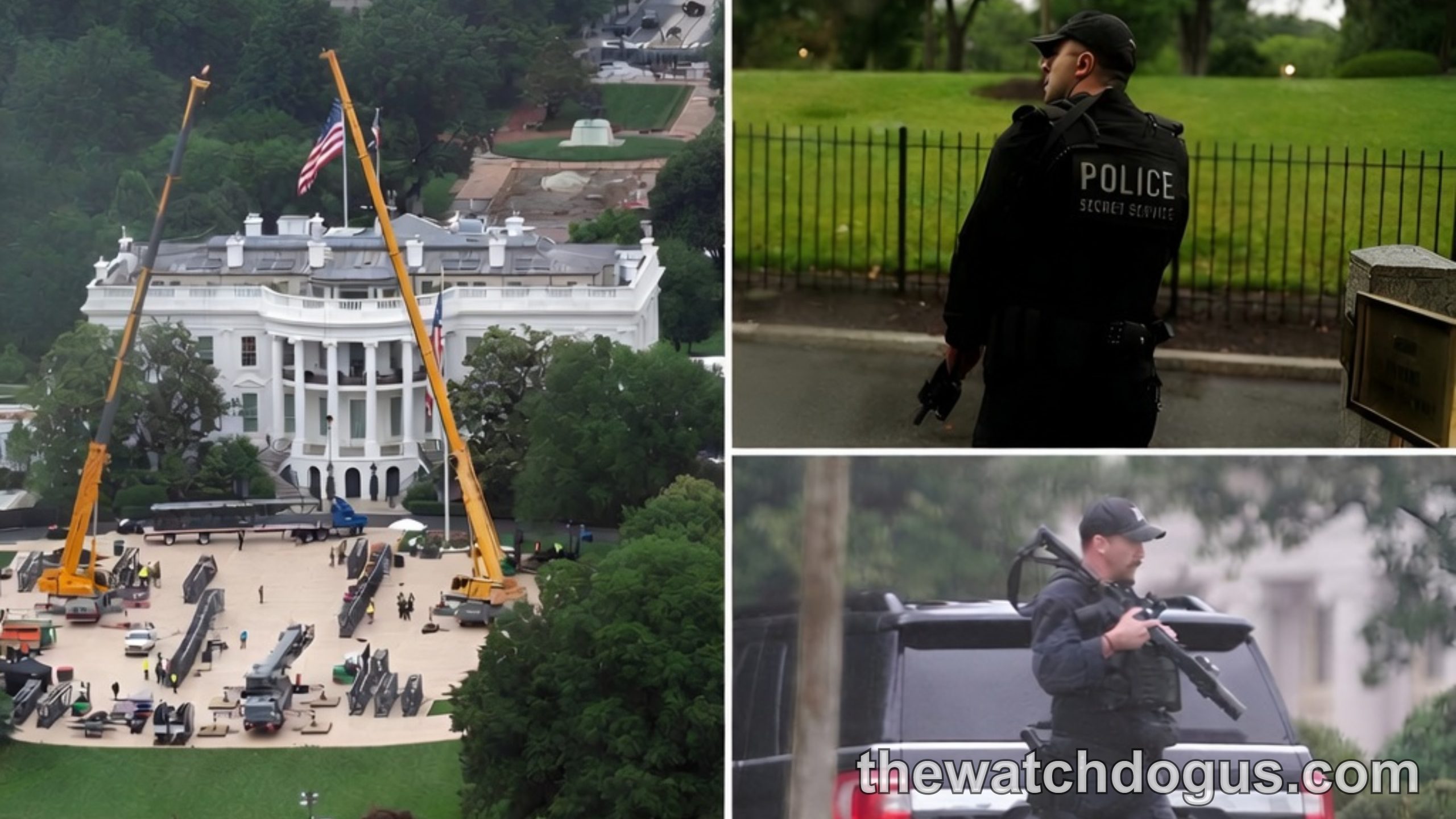 White House shooting incident showing Secret Service response with armed personnel and checkpoint security during lockdown