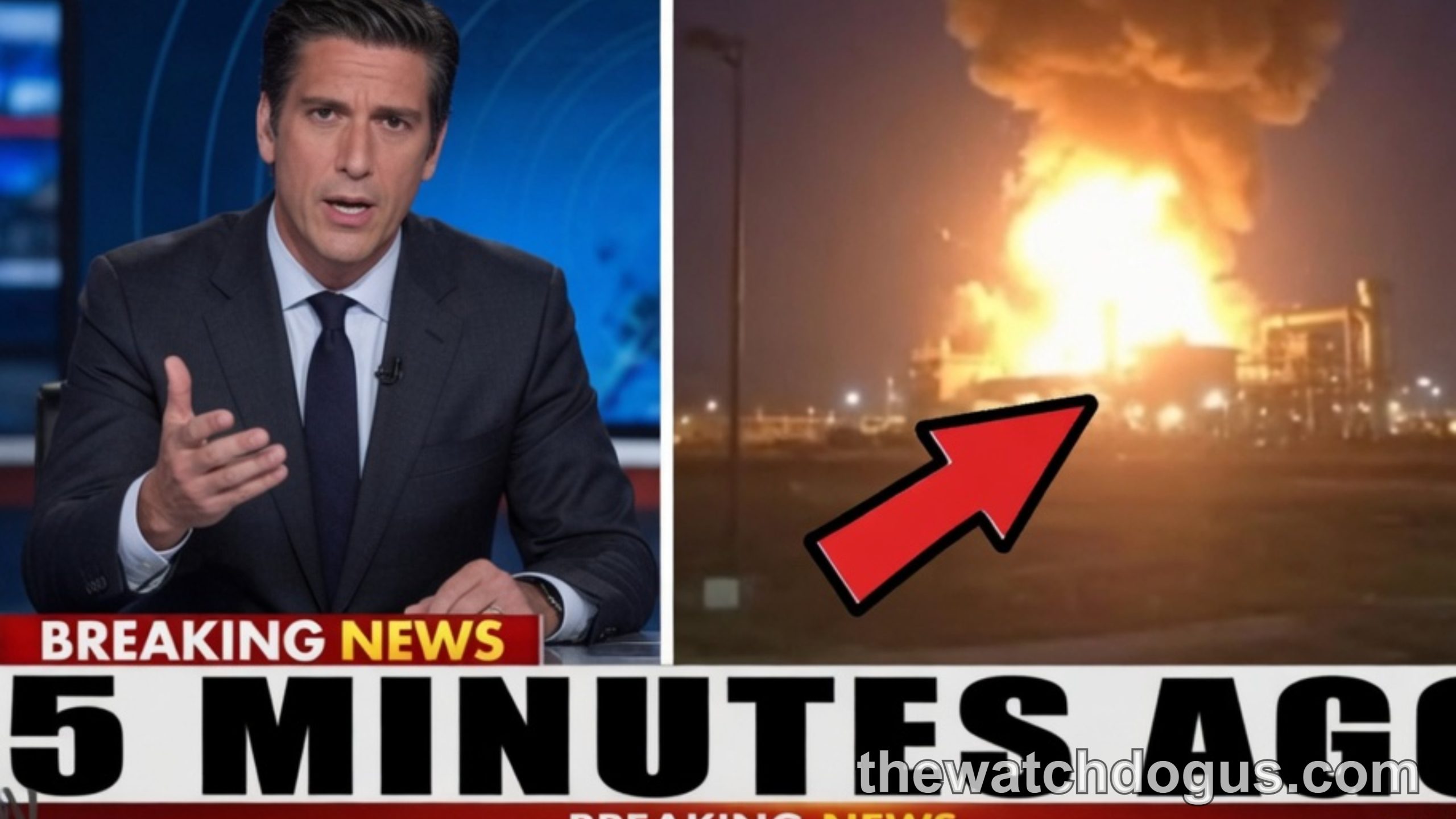 Industrial facility explosion at night with breaking news anchor reporting tragedy resilience recovery efforts