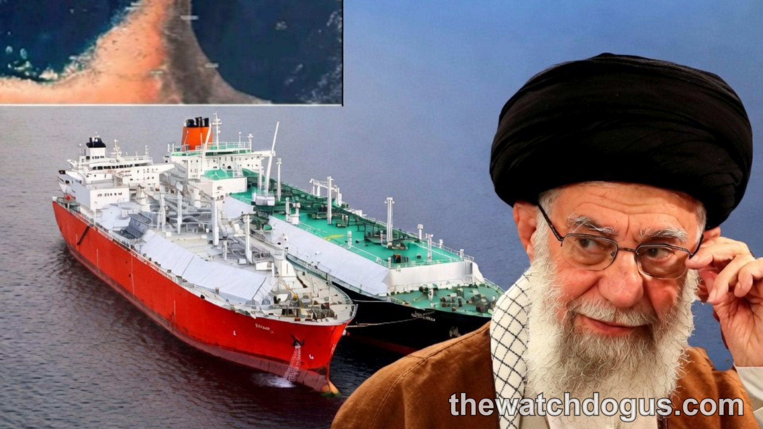 Iranian oil tanker in Strait of Hormuz waters with Iranian flag and leadership portrait displayed