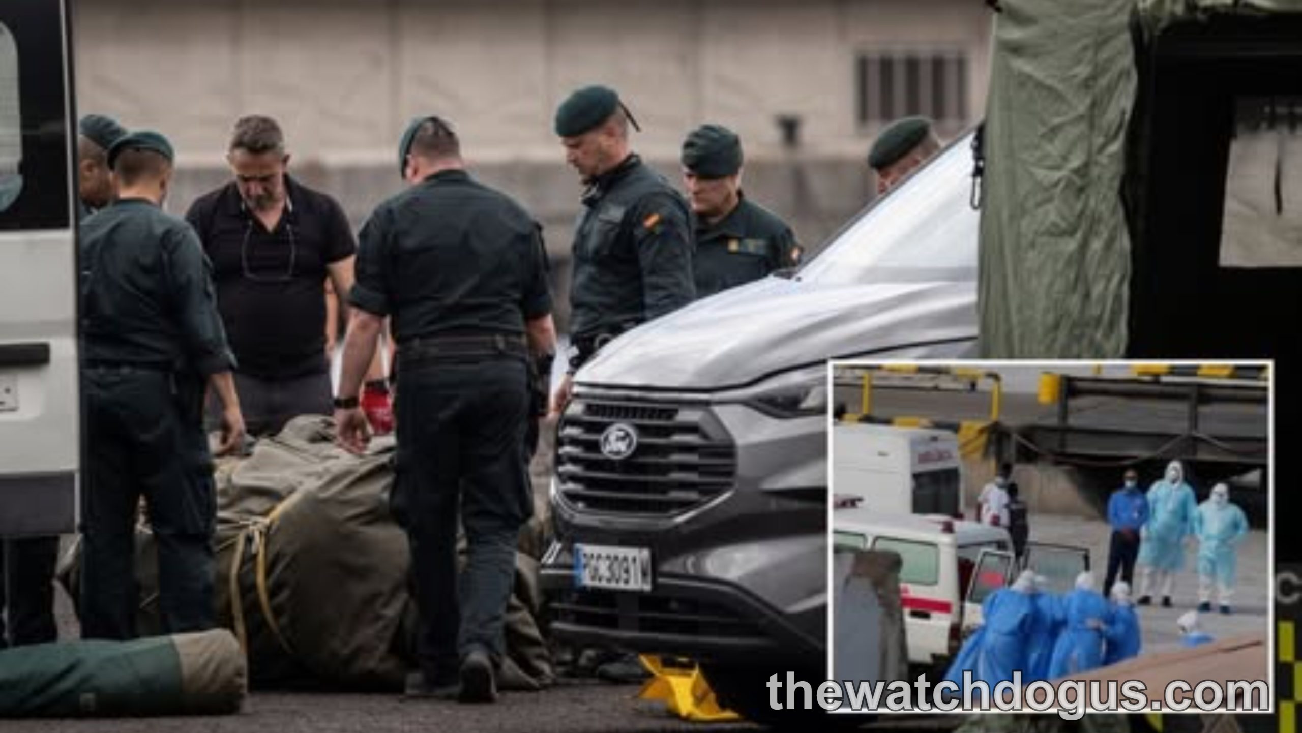 Medical personnel in protective gear handle deceased victim at hantavirus cruise ship medical tent in US