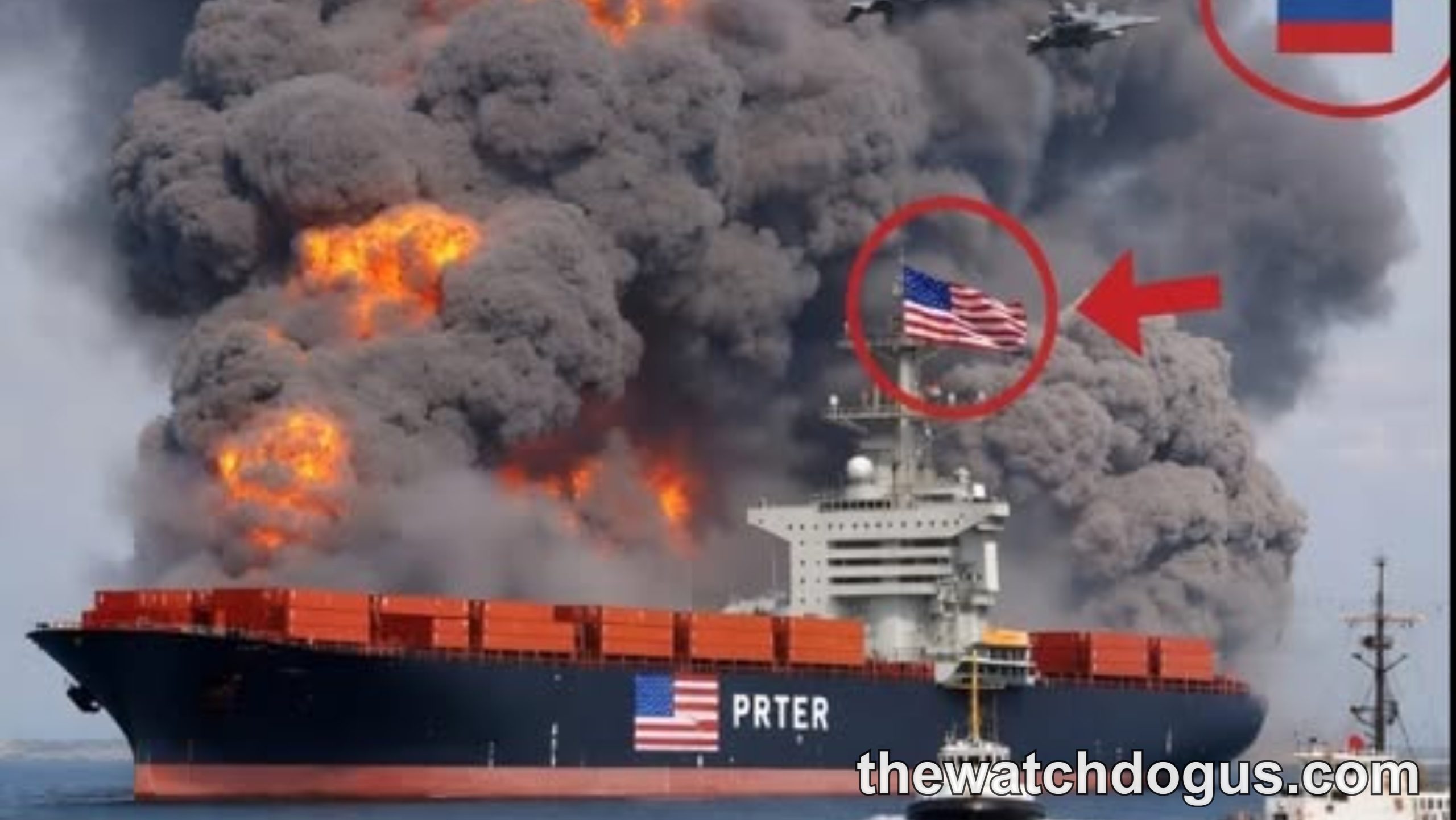 Military ship engulfed in massive explosions and flames with aircraft overhead during combat operation