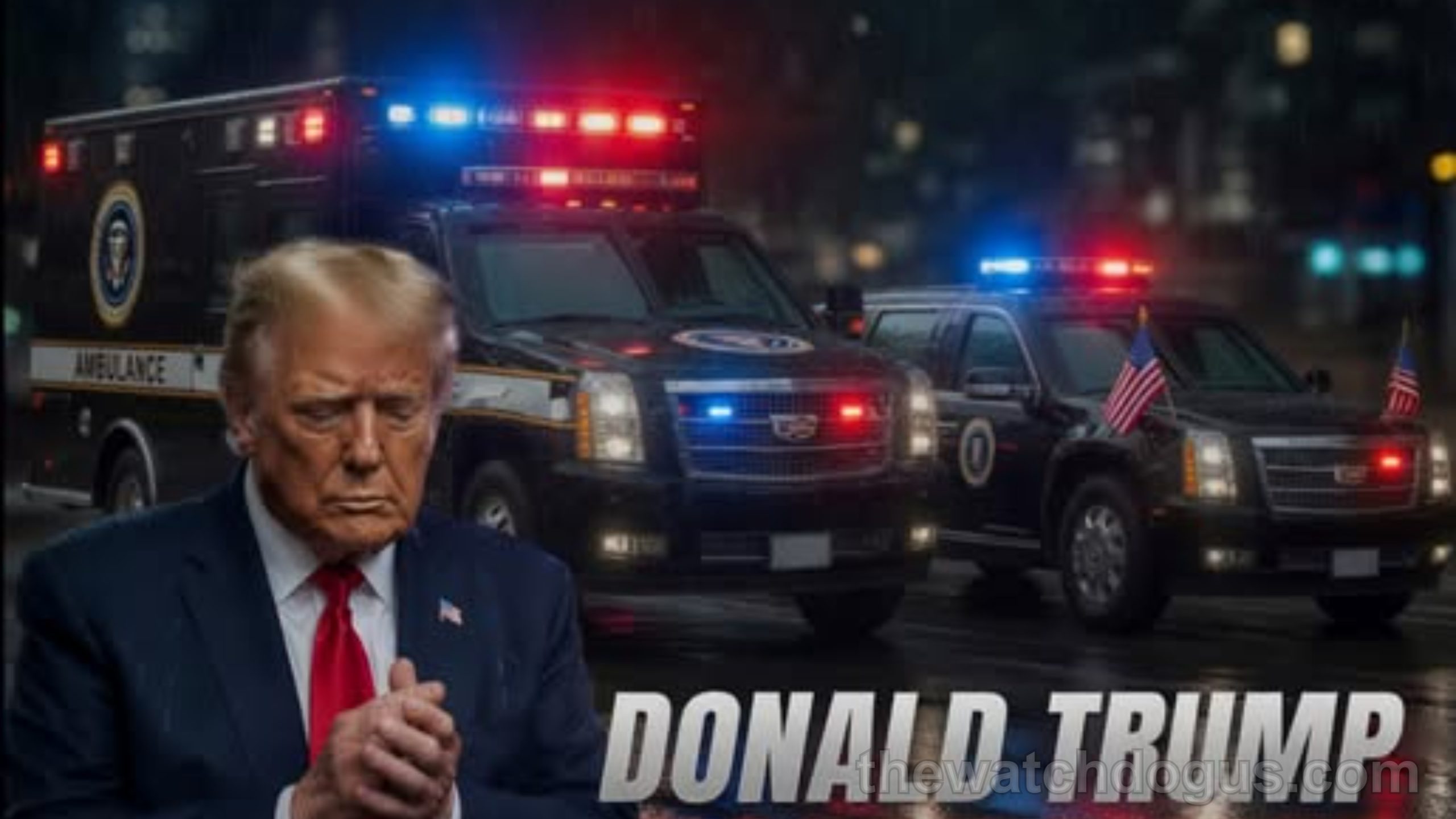 Breaking news alert graphic with emergency vehicles and political figure, verified information news source