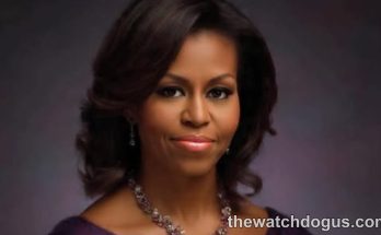 Michelle Obama portrait wearing purple dress and silver necklace