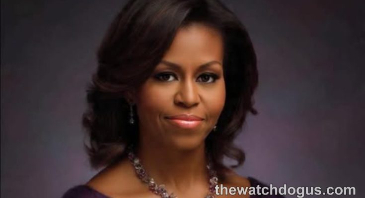 Michelle Obama portrait wearing purple dress and silver necklace