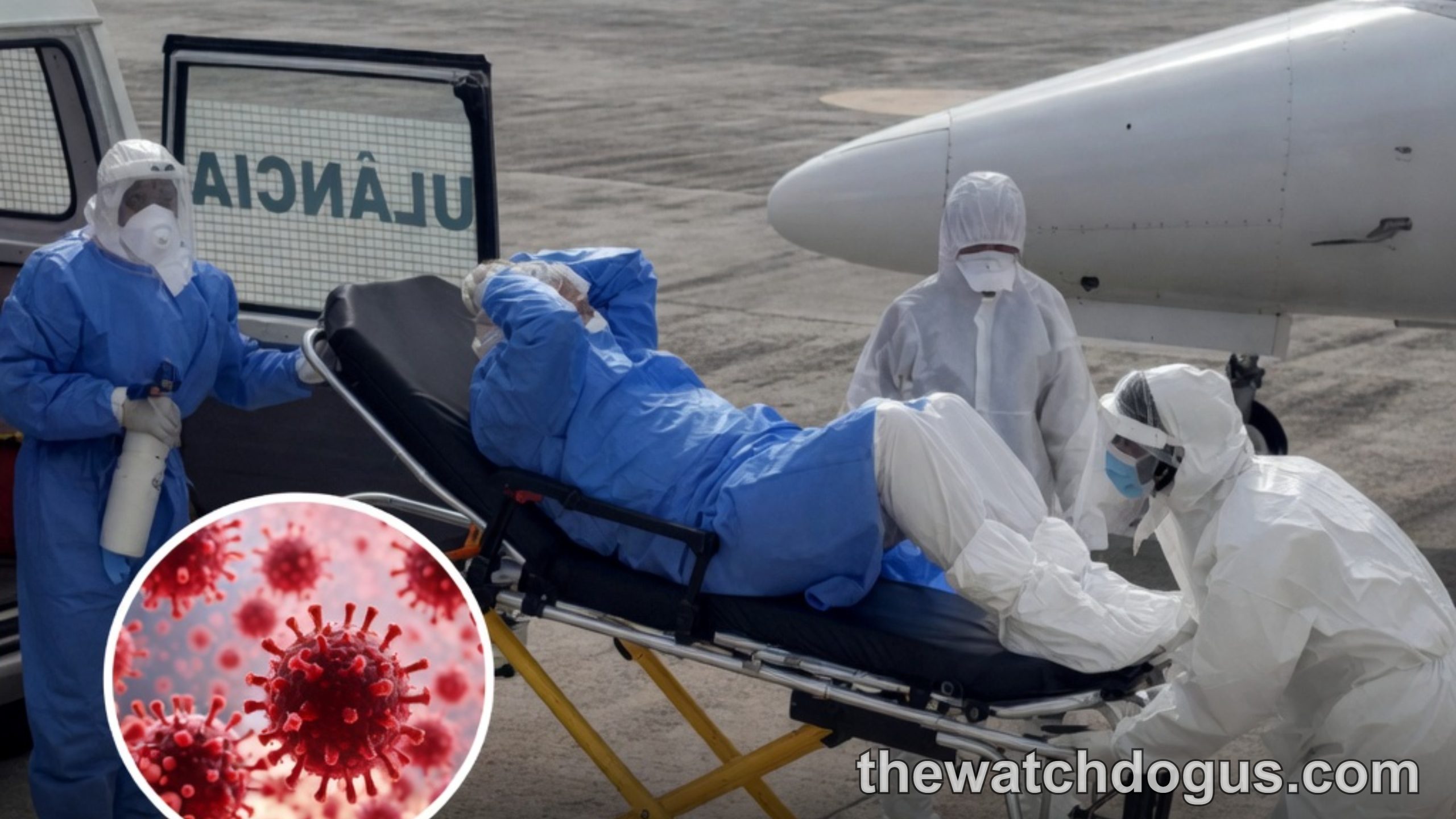 Medical personnel in protective equipment transport patient on stretcher from aircraft with hantavirus virus illustration overlay