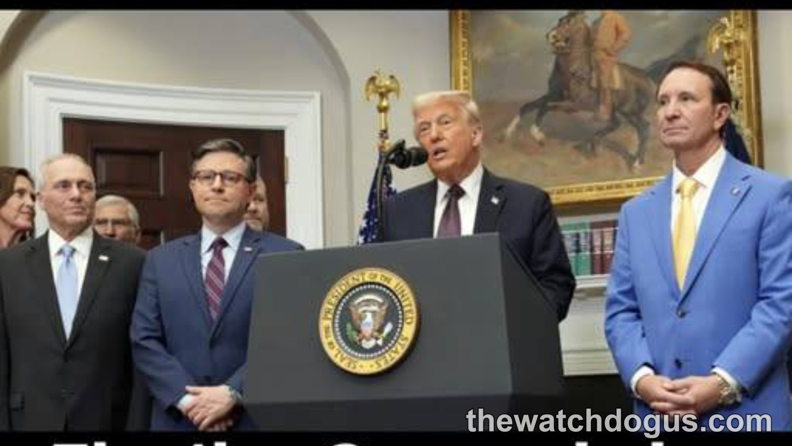 President at podium with officials during emergency order announcement regarding redistricting 2026 election suspension