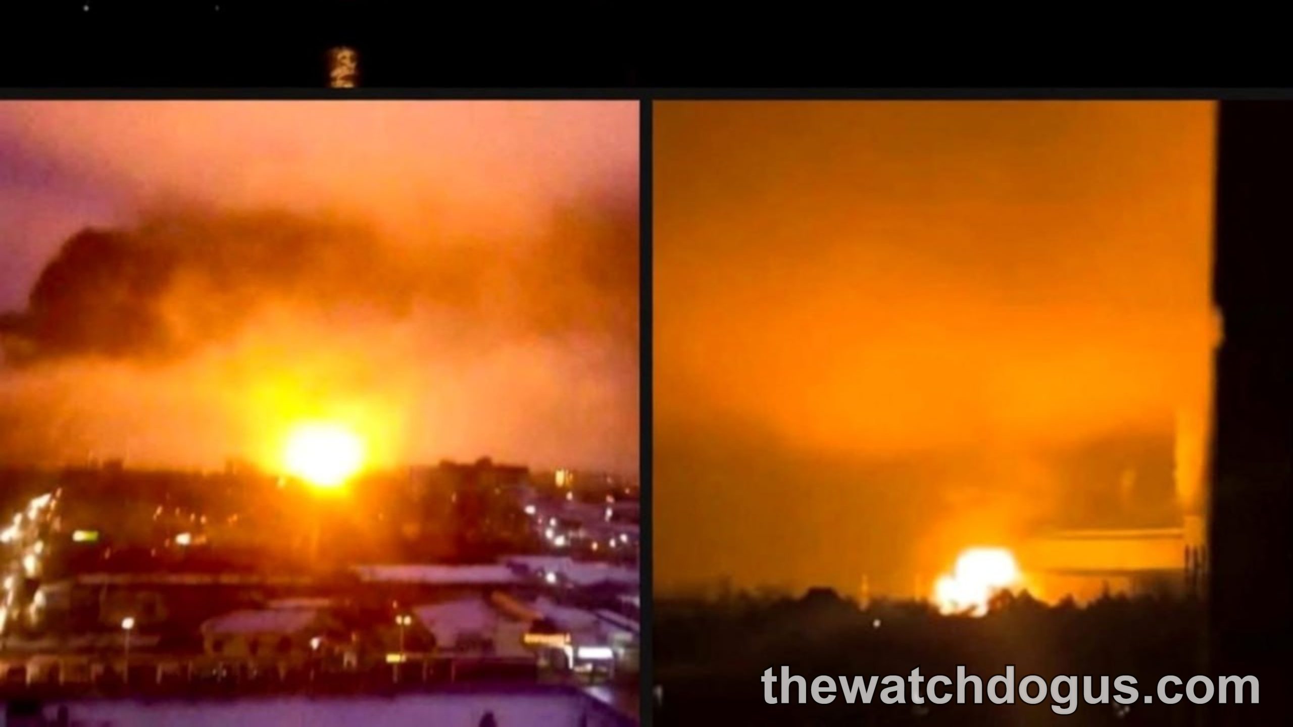 Industrial facility explosion and fire at night amid global conflict tensions escalating in Eastern Europe region
