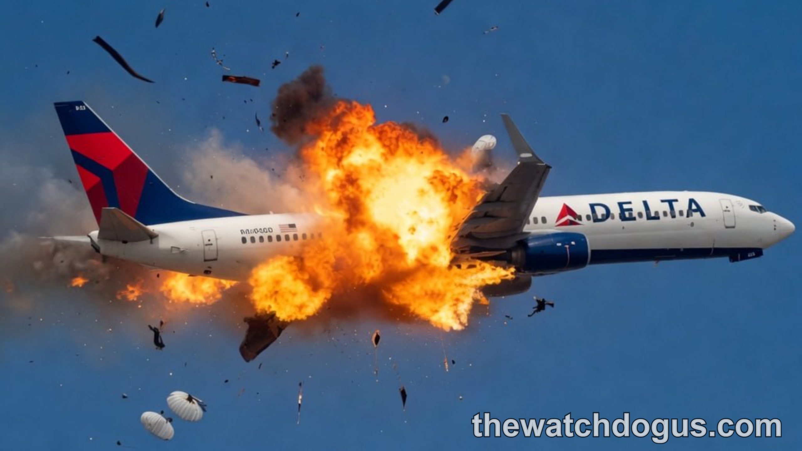 Dramatic plane crash disaster showing Delta Airlines aircraft explosion with debris and parachutes in clear blue sky