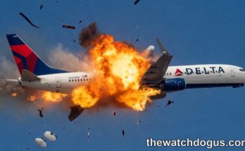 Dramatic plane crash disaster showing Delta aircraft exploding mid-air with massive fireballs and debris