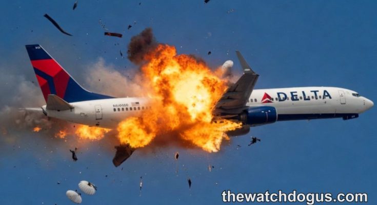 Dramatic plane crash disaster showing Delta aircraft exploding mid-air with massive fireballs and debris