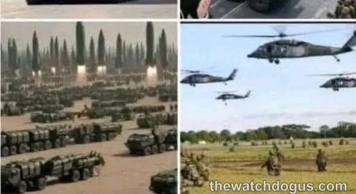 Collage of Russian military hardware including mobile missile launcher, helicopters, and troops demonstrating Europe defense readiness concerns