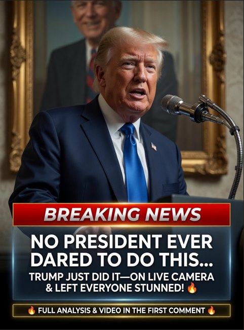 Breaking news thumbnail showing political figure at podium with microphones and portrait in background