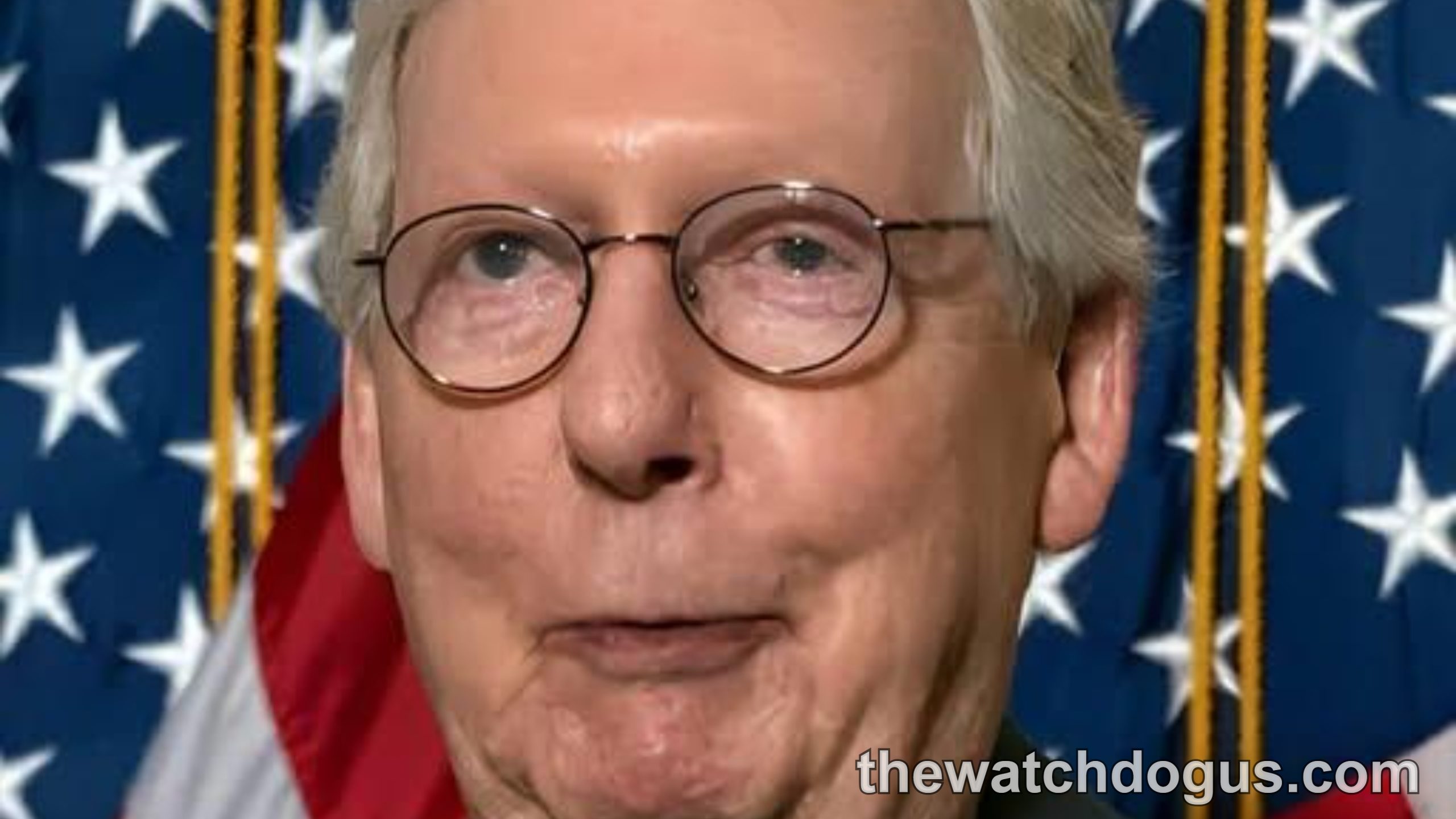 Breaking news alert with official portrait of senior politician against American flag background regarding McConnell replacement Kentucky
