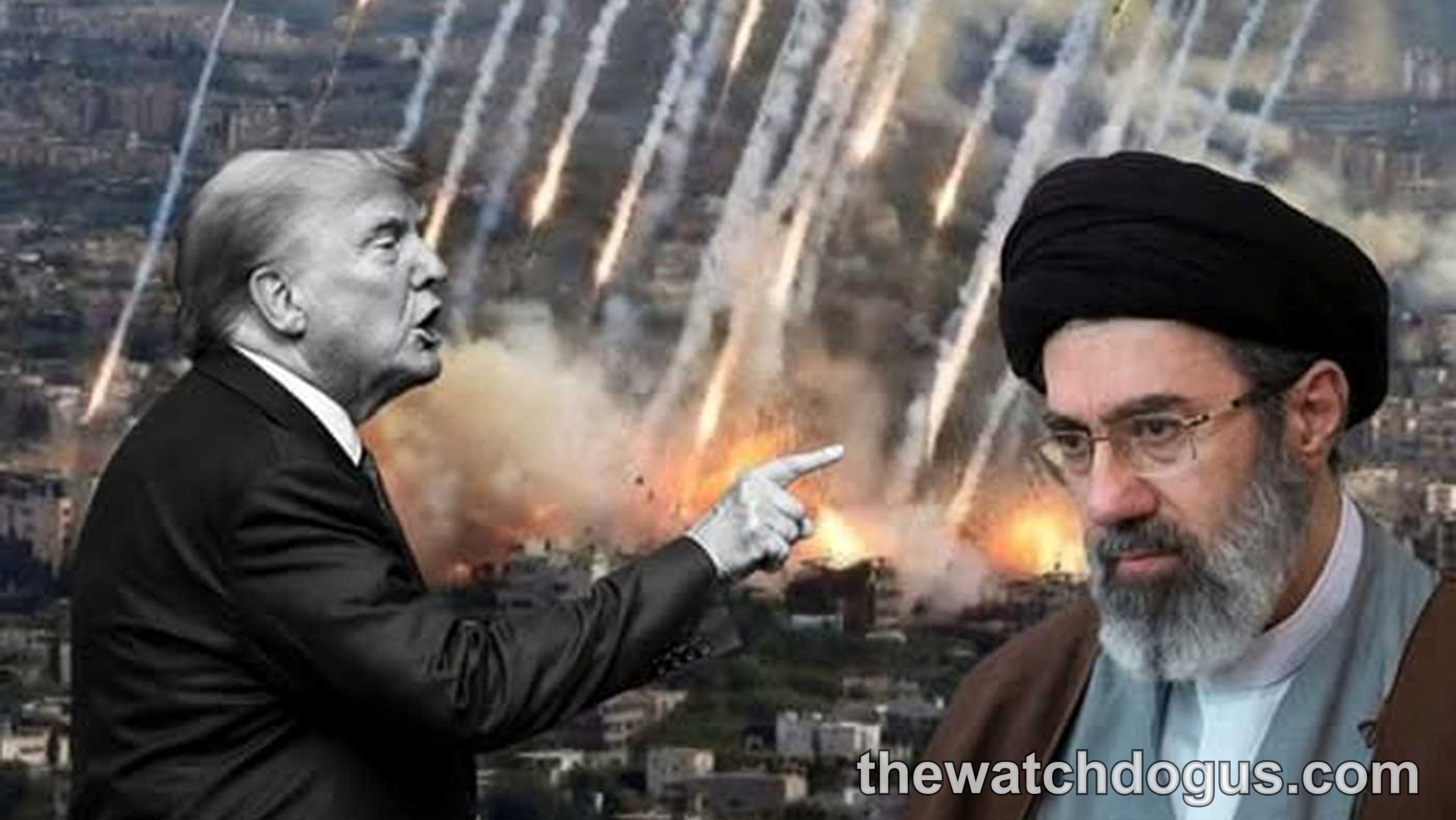 Composite image showing political figures with rocket attacks on civilian city in background