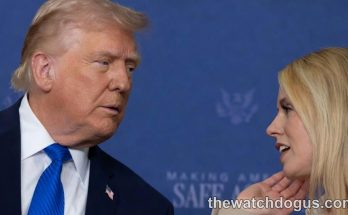 Pam Bondi and Trump discussing policy at political event with blue backdrop