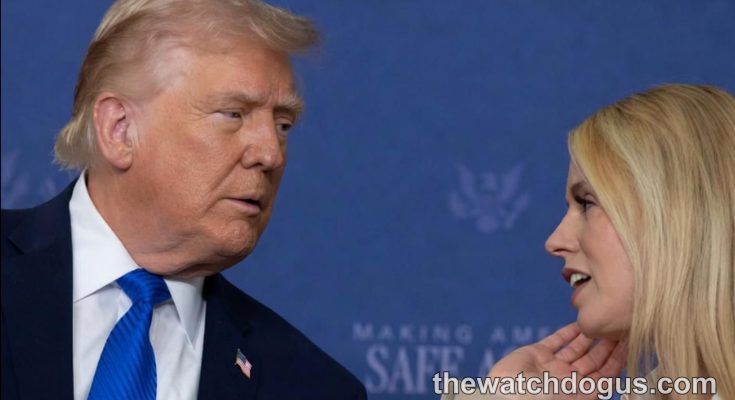 Pam Bondi and Trump discussing policy at political event with blue backdrop