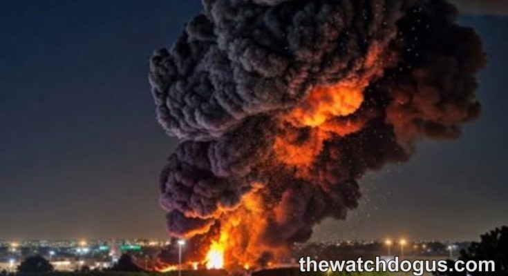 Large explosion with orange flames and dark smoke billowing over Tel Aviv explosions cityscape at night with buildings lit below