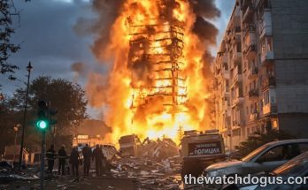 Major explosion and fire engulfing residential building in urban area with emergency responders and damaged vehicles visible