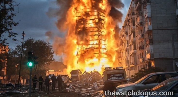 Major explosion and fire engulfing residential building in urban area with emergency responders and damaged vehicles visible