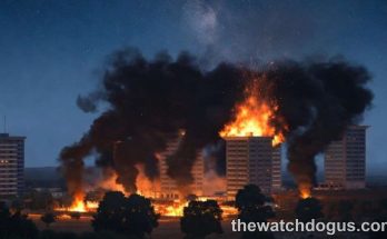 Arma 3 military simulation explosion scene with burning buildings and smoke at night