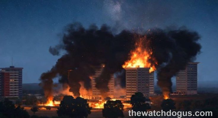 Arma 3 military simulation explosion scene with burning buildings and smoke at night