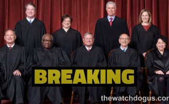 Supreme Court justices in official portrait with Breaking News banner regarding Justice Thomas Florida lawsuit