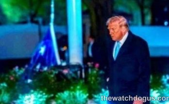 Man in dark suit and tie standing on illuminated lawn at night with Trump mysterious companion visible in background