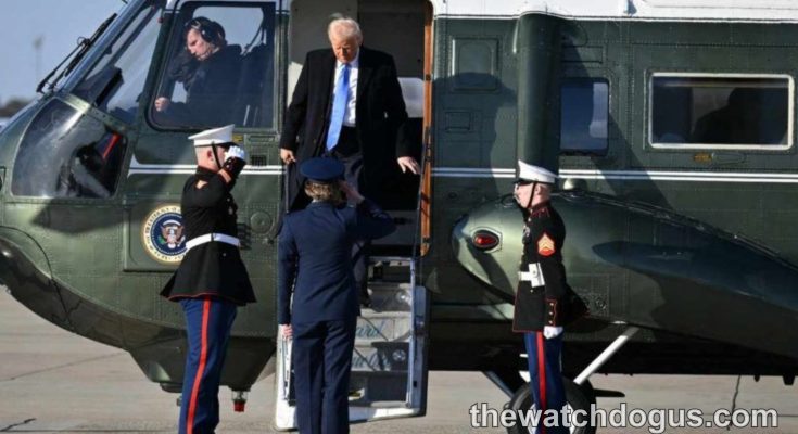 President Trump exits Marine One helicopter with military honor guard present during official state visit
