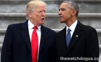 Trump Obama live exchange at official event with both figures in formal business attire on stone steps