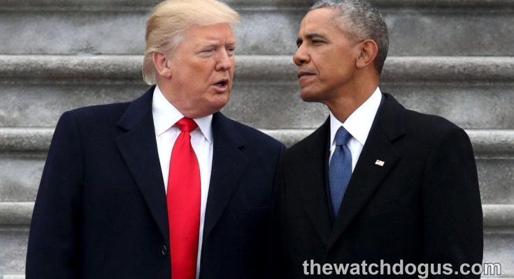 Trump Obama live exchange at official event with both figures in formal business attire on stone steps