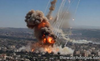 Aerial view of rocket attack Los Angeles showing explosions and smoke over urban residential area