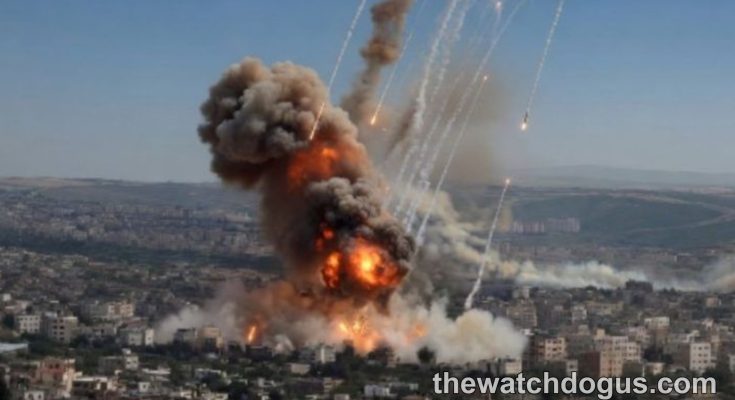 Aerial view of rocket attack Los Angeles showing explosions and smoke over urban residential area