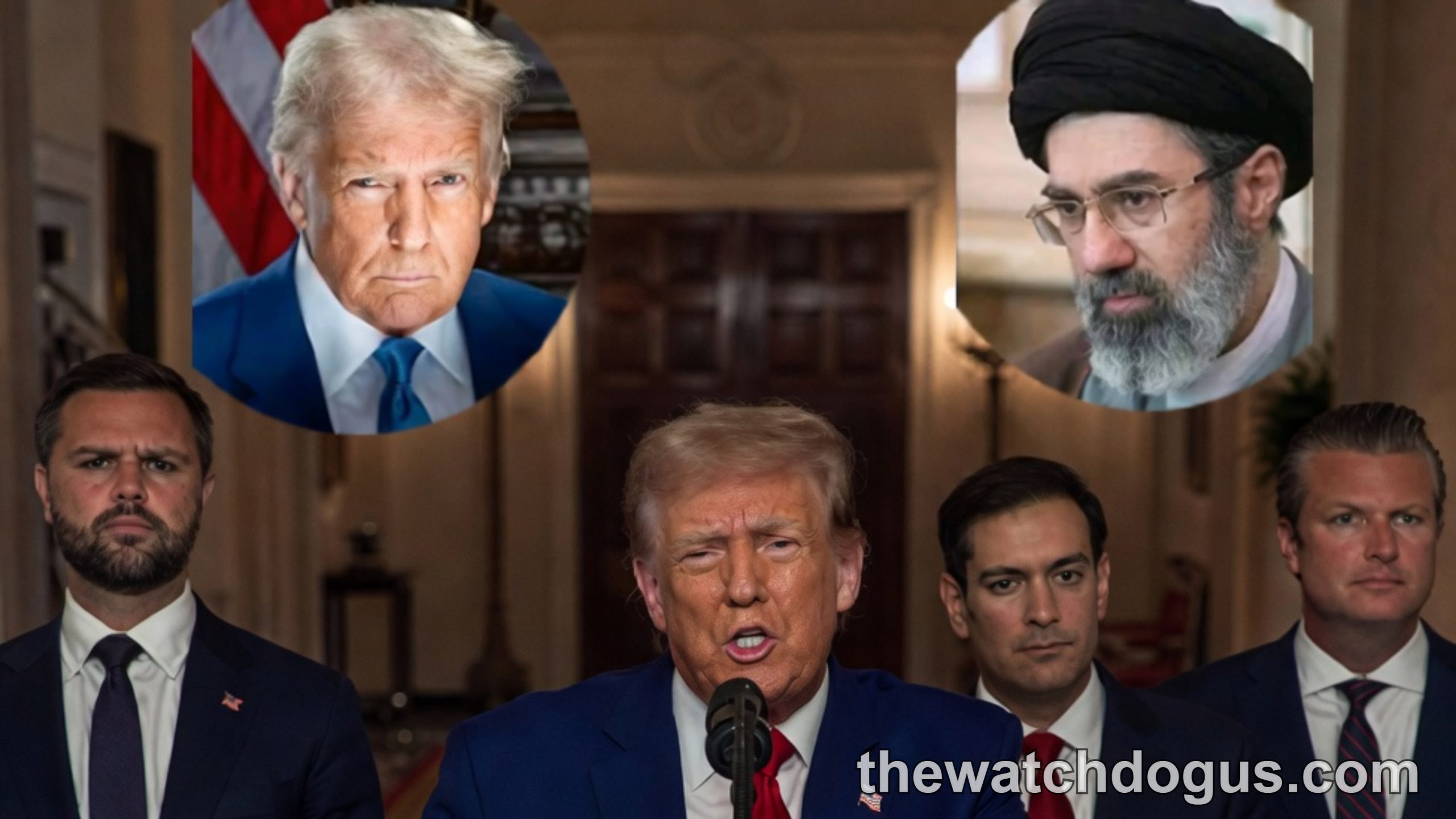 Political leader at podium addressing Middle East policy with Iran and Israel tensions backdrop