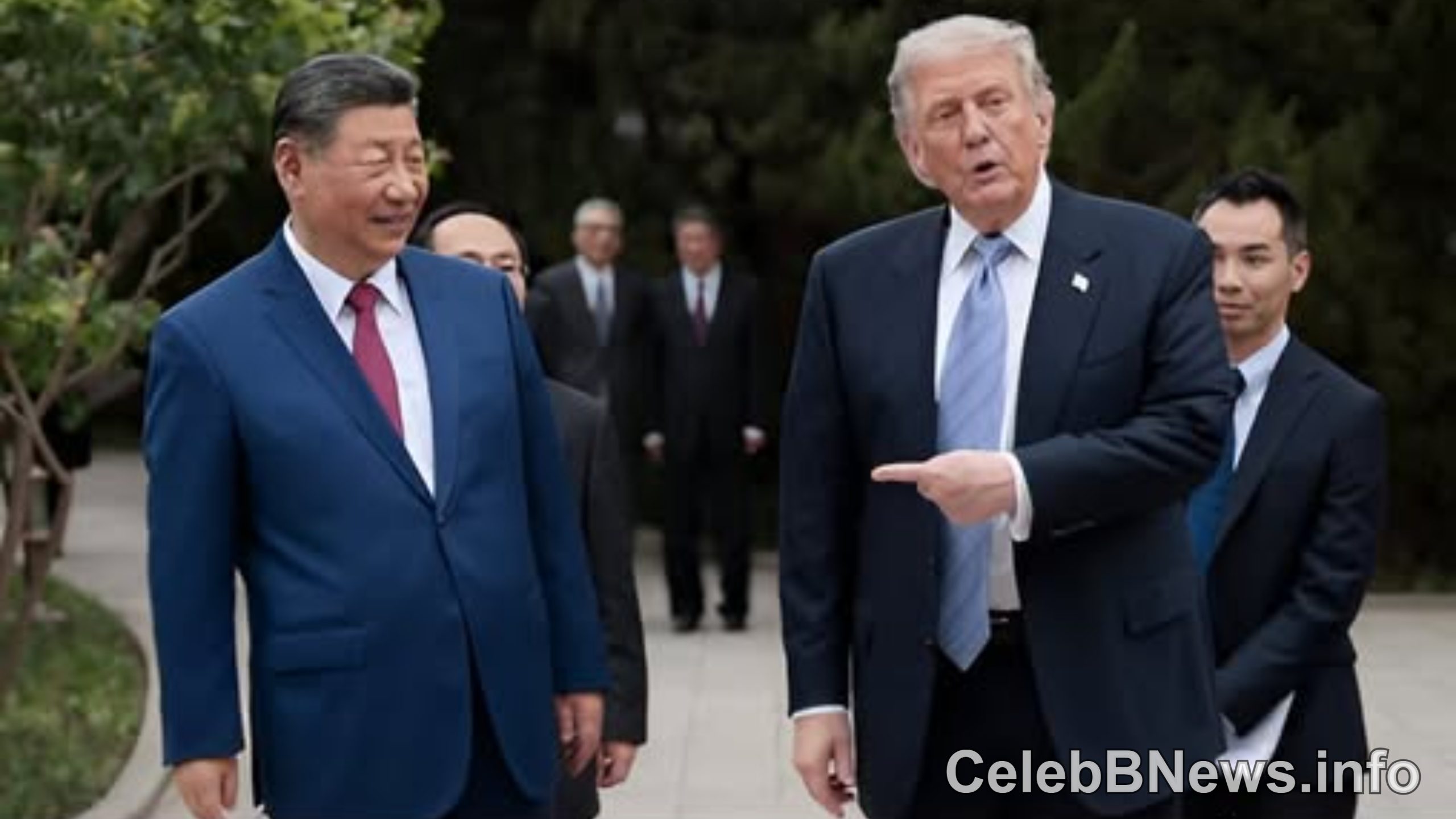 Trump and Chinese leader at summit discussing major Trump China business deal with diplomatic officials present
